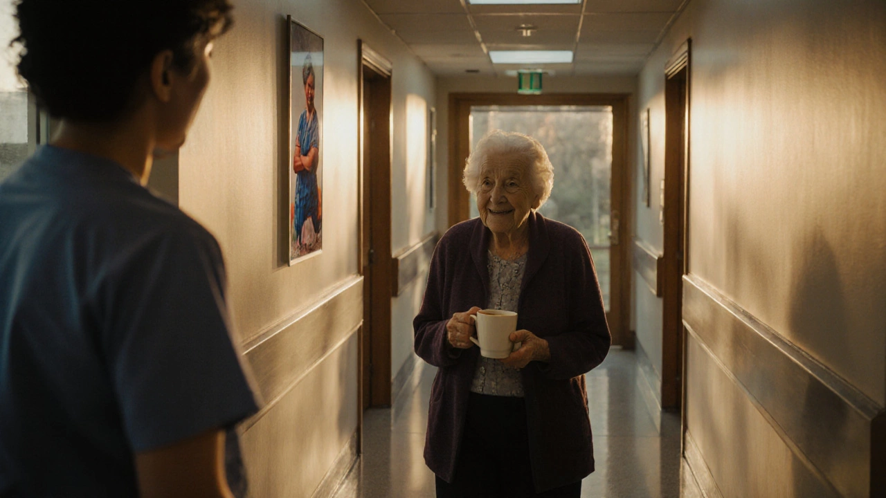 A former patient returns to Mayo Clinic years after treatment, greeted warmly by a nurse.