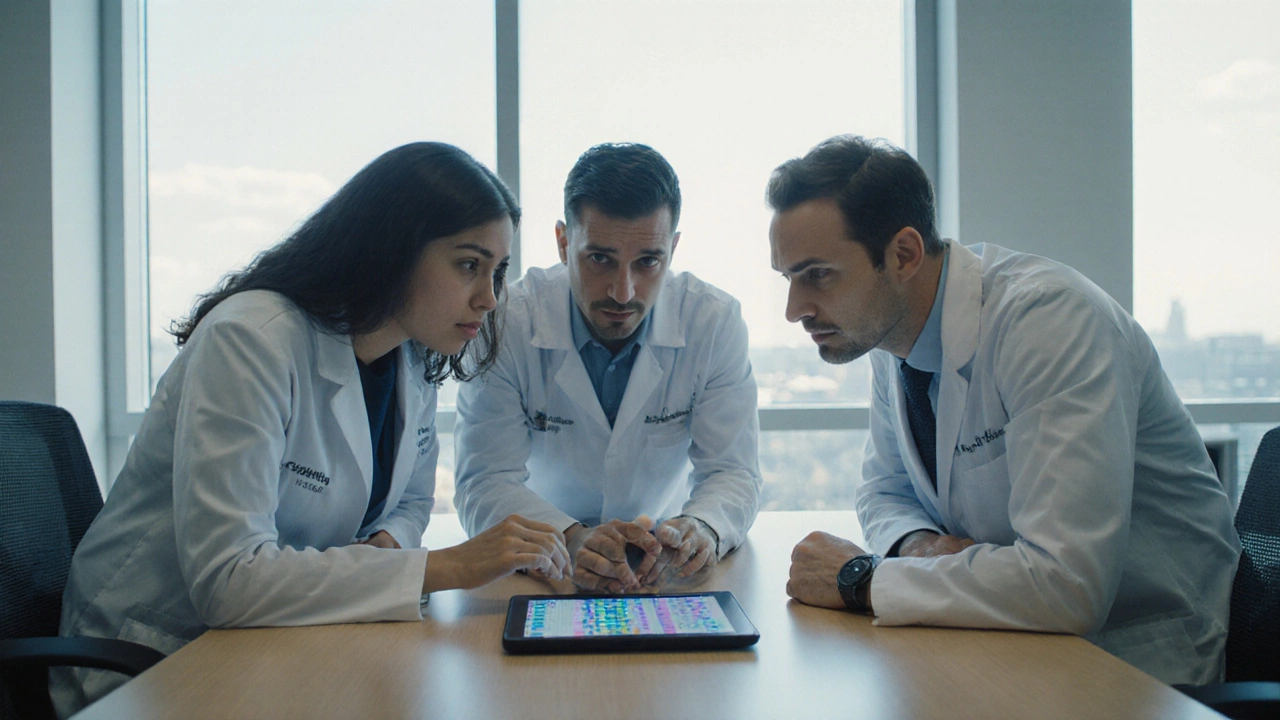 A team of doctors collaboratively reviewing a patient’s medical data on a shared digital screen.