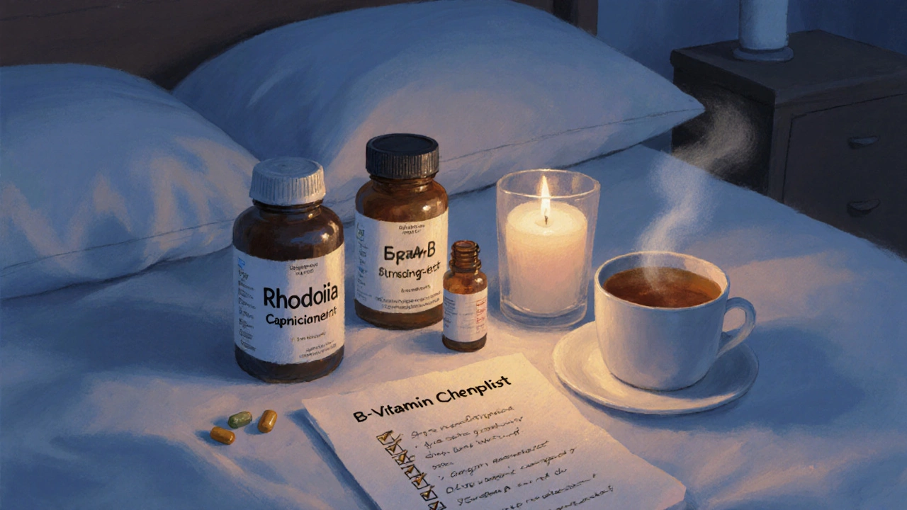 Bedside scene with alternative supplements, a candle, and a checklist.