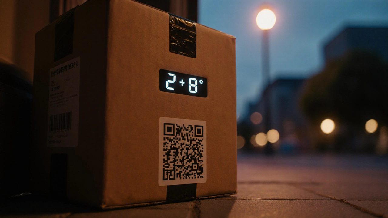 Close-up of a sealed, temperature‑controlled delivery box with QR code.