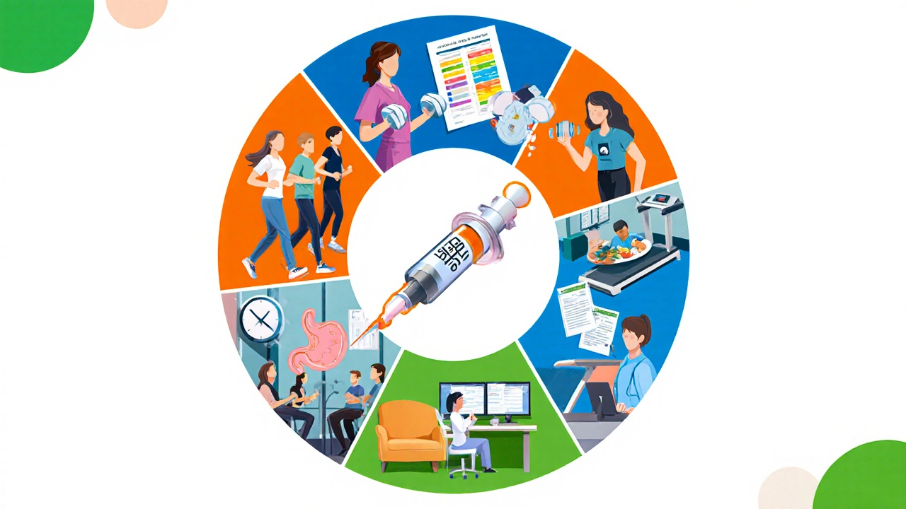 Collage illustration of diet, exercise, medication, surgery, and counseling weight‑loss methods.