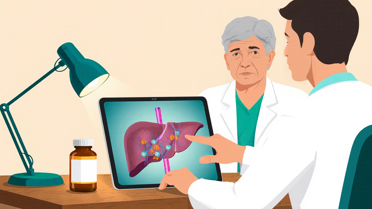 Doctor advising a patient about herb‑drug interaction with a liver diagram on a tablet.