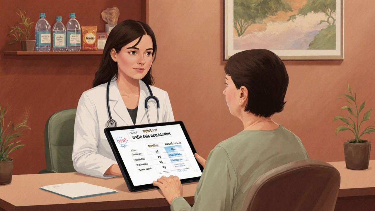 Doctor consulting patient in a warm weight‑loss clinic with safe loss chart.