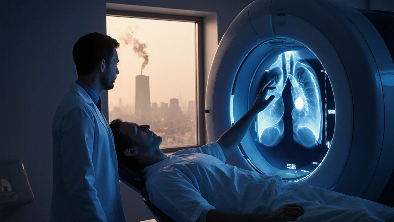 Doctor examining a CT scan of lungs with highlighted nodule, smoky background.