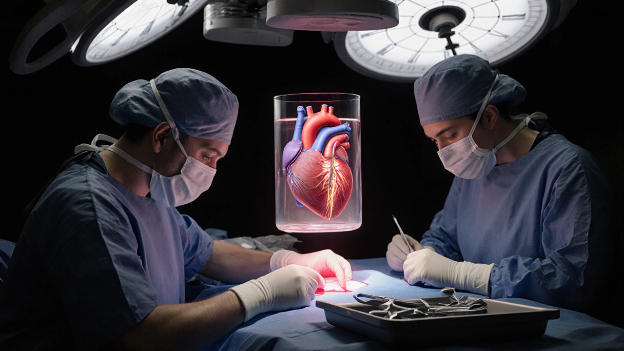 Donor heart being prepared for transplant as surgical team works in focused silence.
