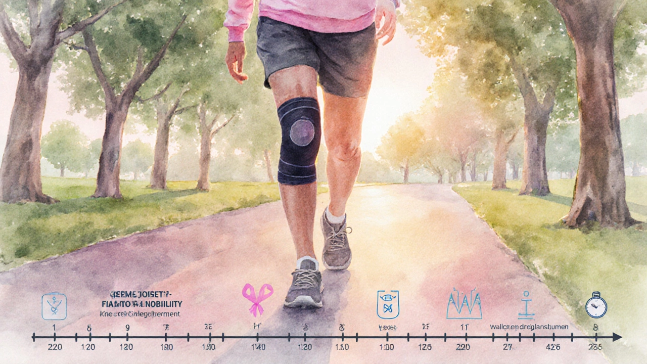 Elderly person walking confidently on a park trail at sunrise, symbolizing successful knee replacement.