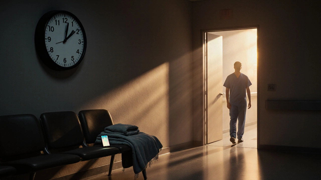 Empty hospital waiting room at dusk with clock and glowing phone, symbolizing anxious wait.