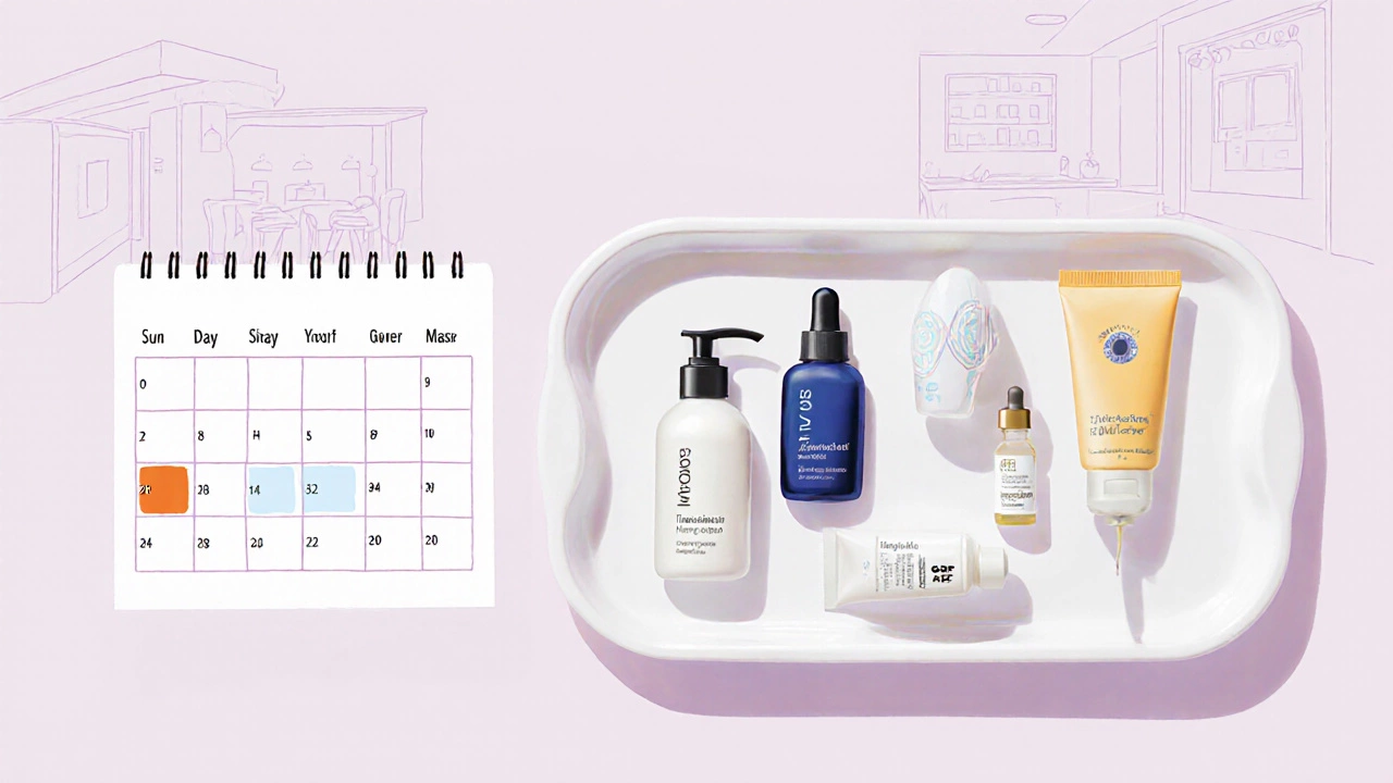 Flat lay of skincare products with a calendar indicating routine steps.