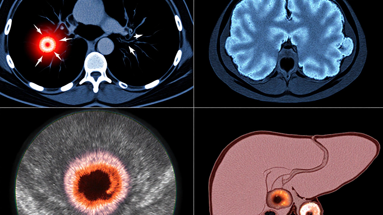 Four‑panel medical illustration showing lung, brain, pancreas, and liver tumors.