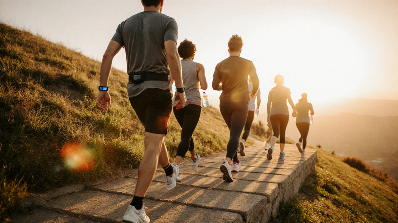 Group walking up a hill with stairs, water bottles, and a heart‑rate monitor in golden light.