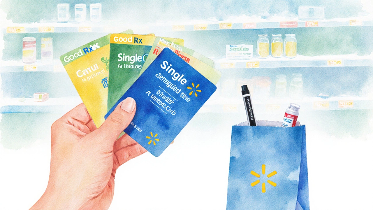 Hand holding discount cards next to a Walmart pharmacy bag containing a semaglutide pen.