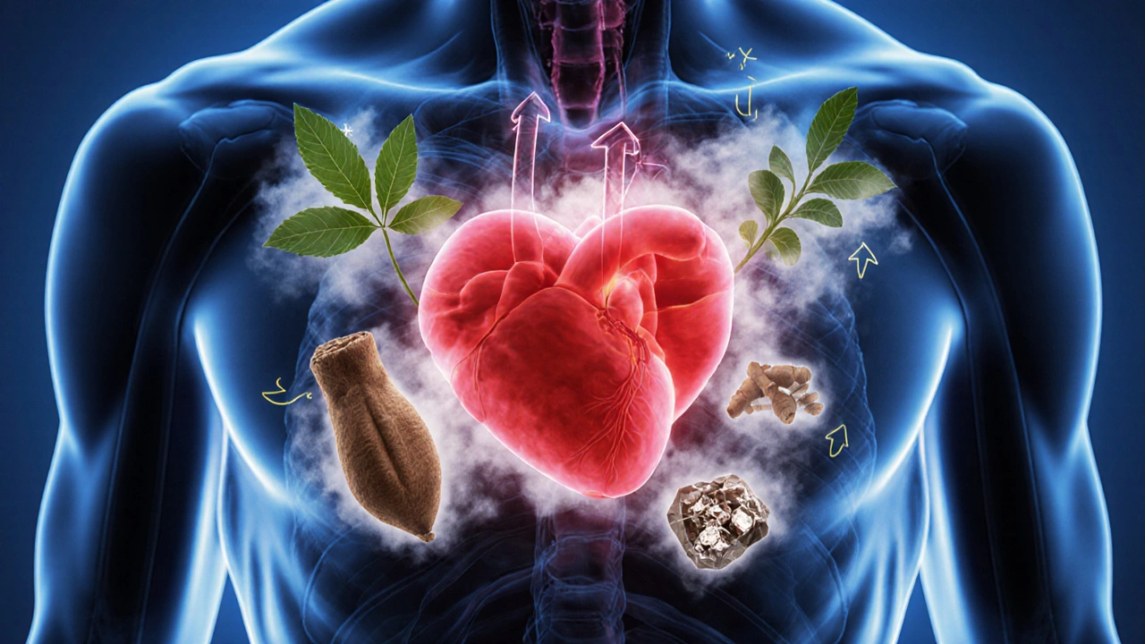 Illustration of a glowing heart surrounded by herbal silhouettes and upward arrows.