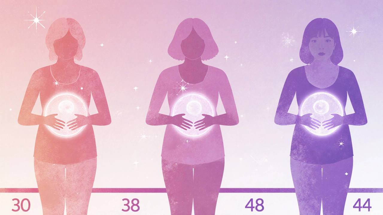 Illustration of three women of different ages holding embryos of varying glow to show success rates.