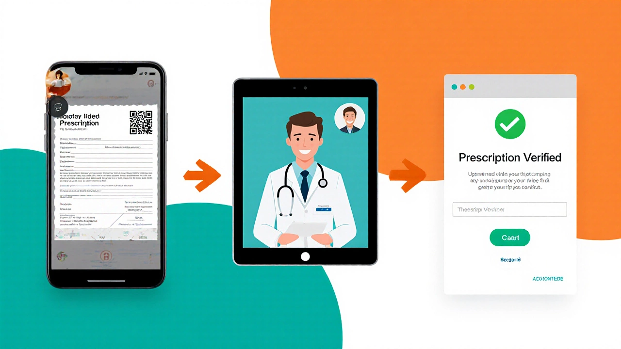 Illustration of uploading a prescription, scanning QR code, and video call with pharmacist.
