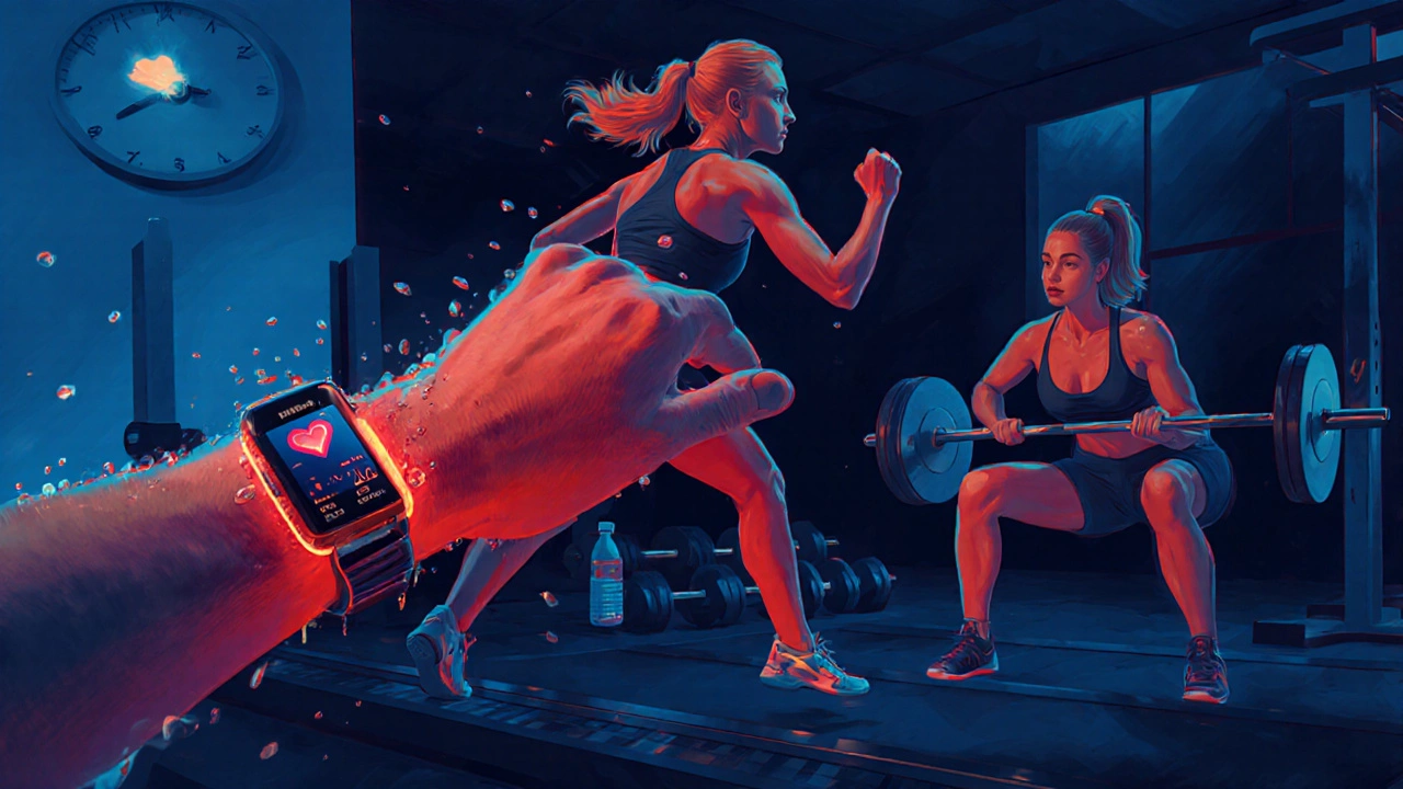Kelly performing HIIT sprint and squat in a gym with a glowing heart‑rate monitor.