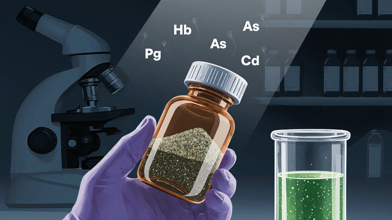 Laboratory vial of herbal powder with metallic shine and test tube indicating contamination.