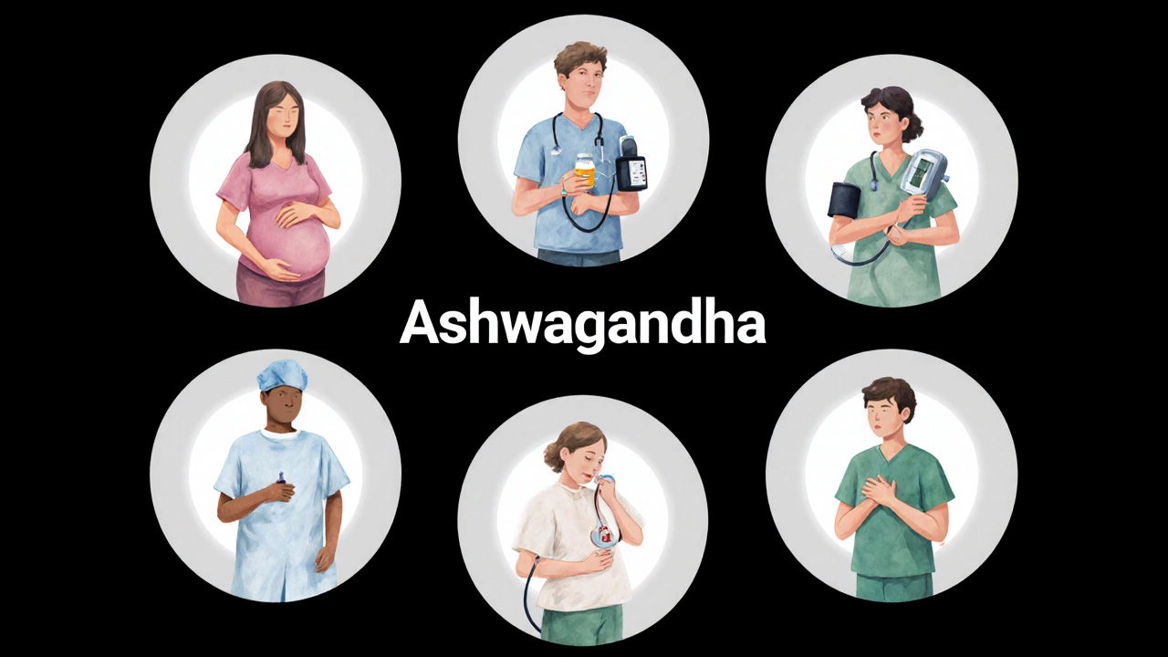 Medical illustration showing six at‑risk groups for Ashwagandha use.
