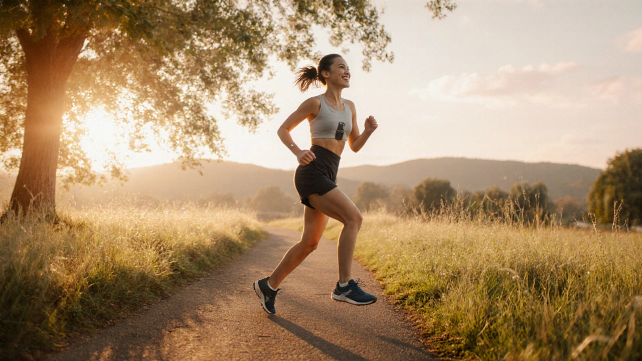 Patient jogging on a park trail at sunrise after full knee recovery.
