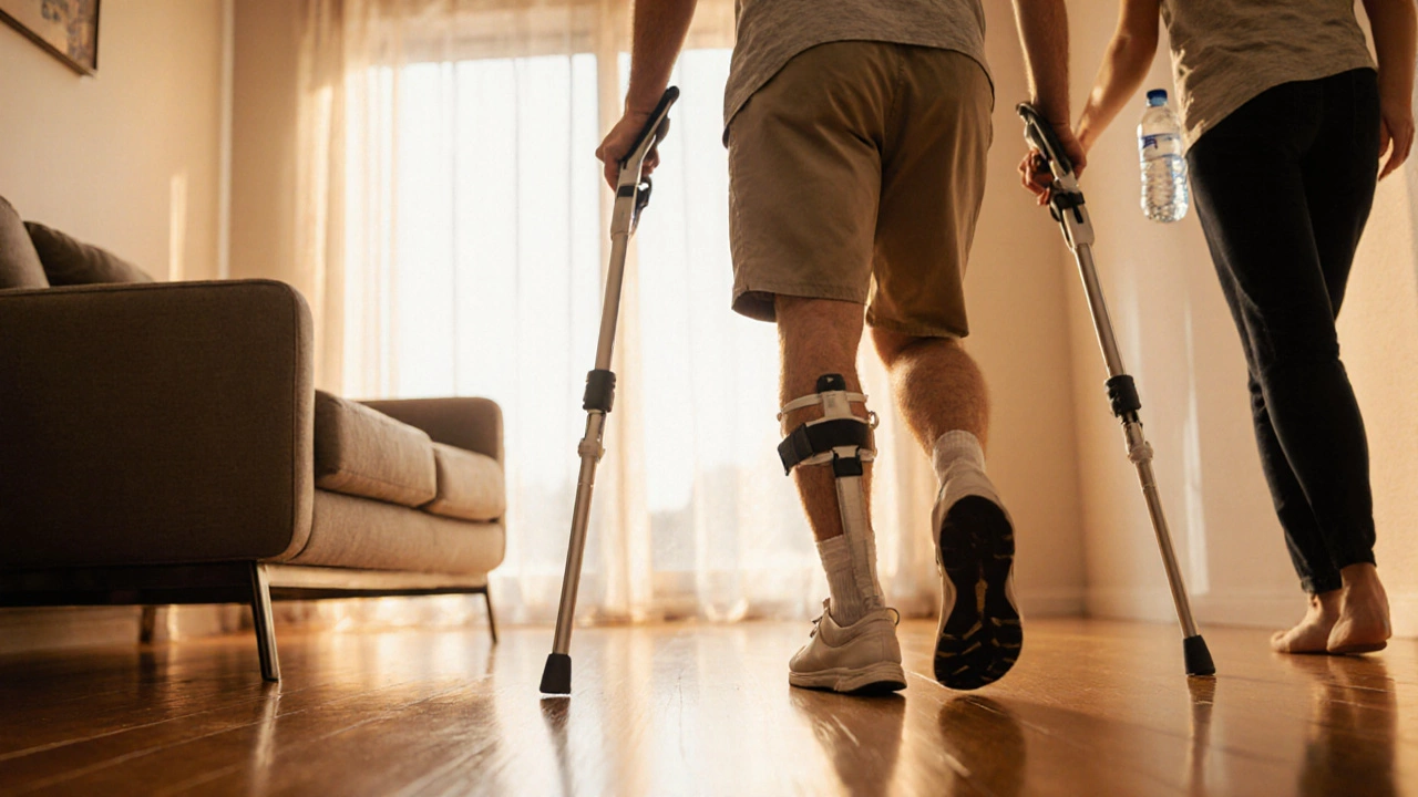 Patient with knee brace using crutches walking through a sunny living room hallway.