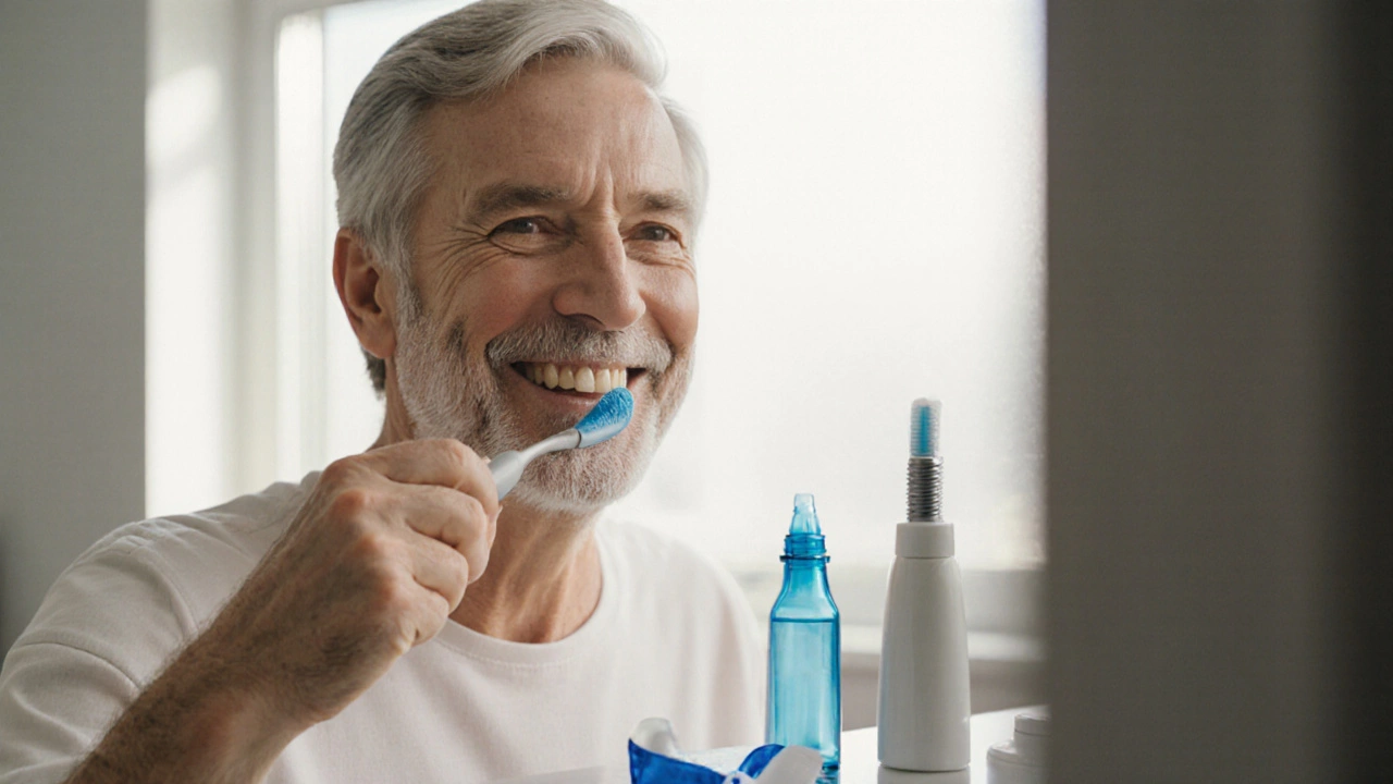 Person brushing teeth with interdental brush around a dental implant.