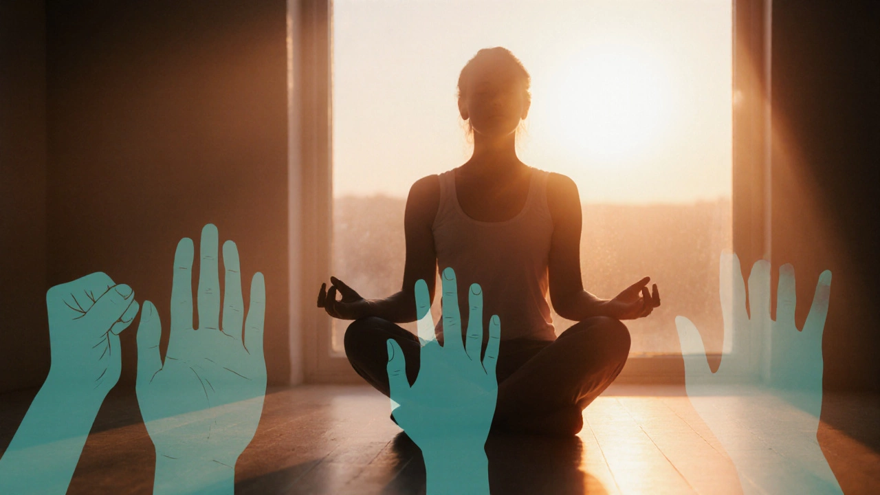 Person grounding with palms on thighs as sunset light fills the room.