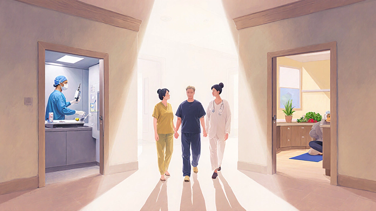 Person standing before three doors for surgery, medication, and lifestyle options, guided by a doctor.