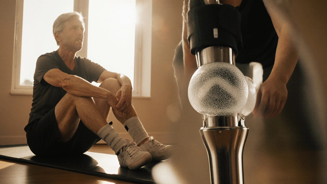 Physical therapist assists a patient with leg exercises in a bright rehab clinic.