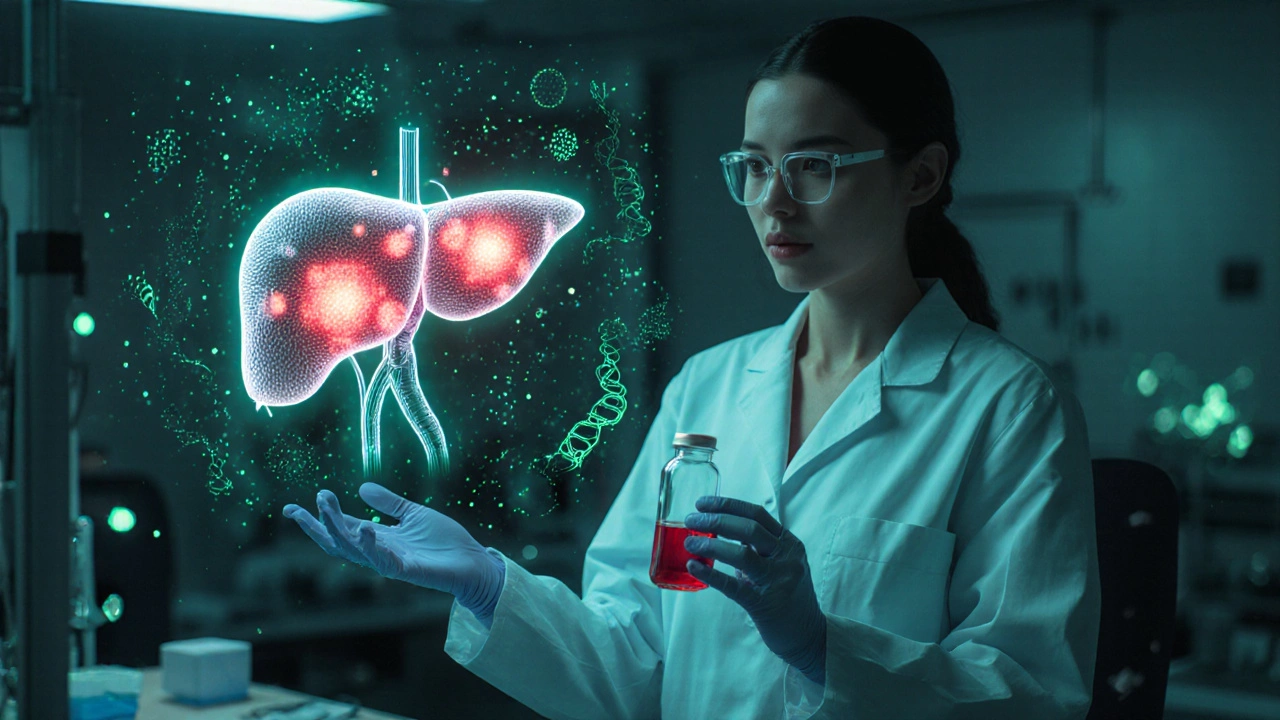 Scientist viewing holographic liver and pancreas tumors representing early detection.