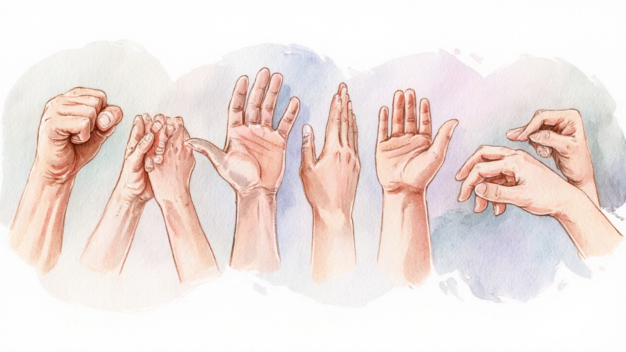 Series of hands showing different therapeutic gestures.