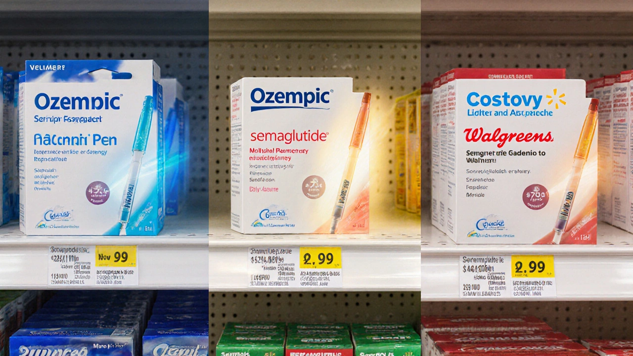 Side‑by‑side view of pharmacy aisles with semaglutide pens, highlighting Walmart&#039;s aisle.
