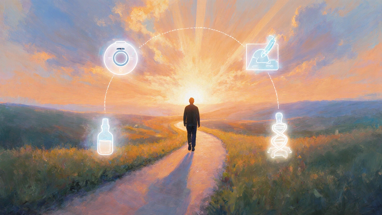 Silhouette of a person walking toward sunrise with symbols of early‑detection tools around them.