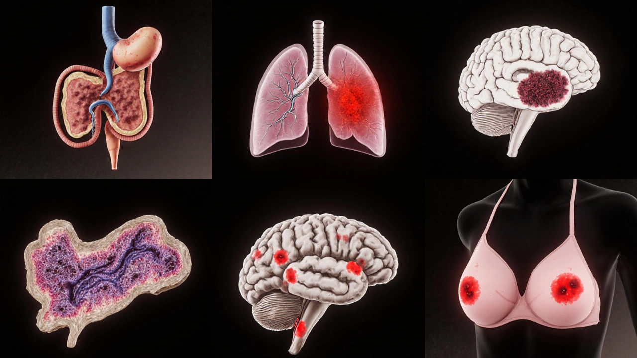 Split illustration of pancreas, lung, brain, bone marrow, pleura, and breast showing aggressive tumors.