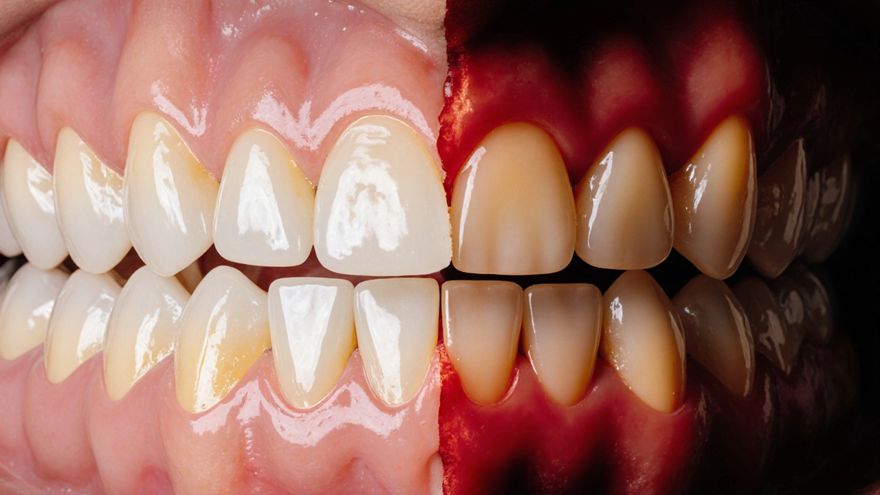 Split image: successful implant vs. failed implant with bone loss.