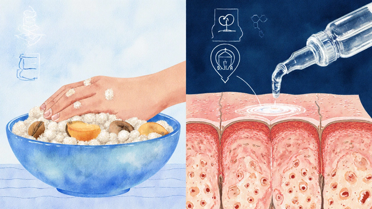 Split view of sugar scrub on one side and AHA serum droplets on the other.
