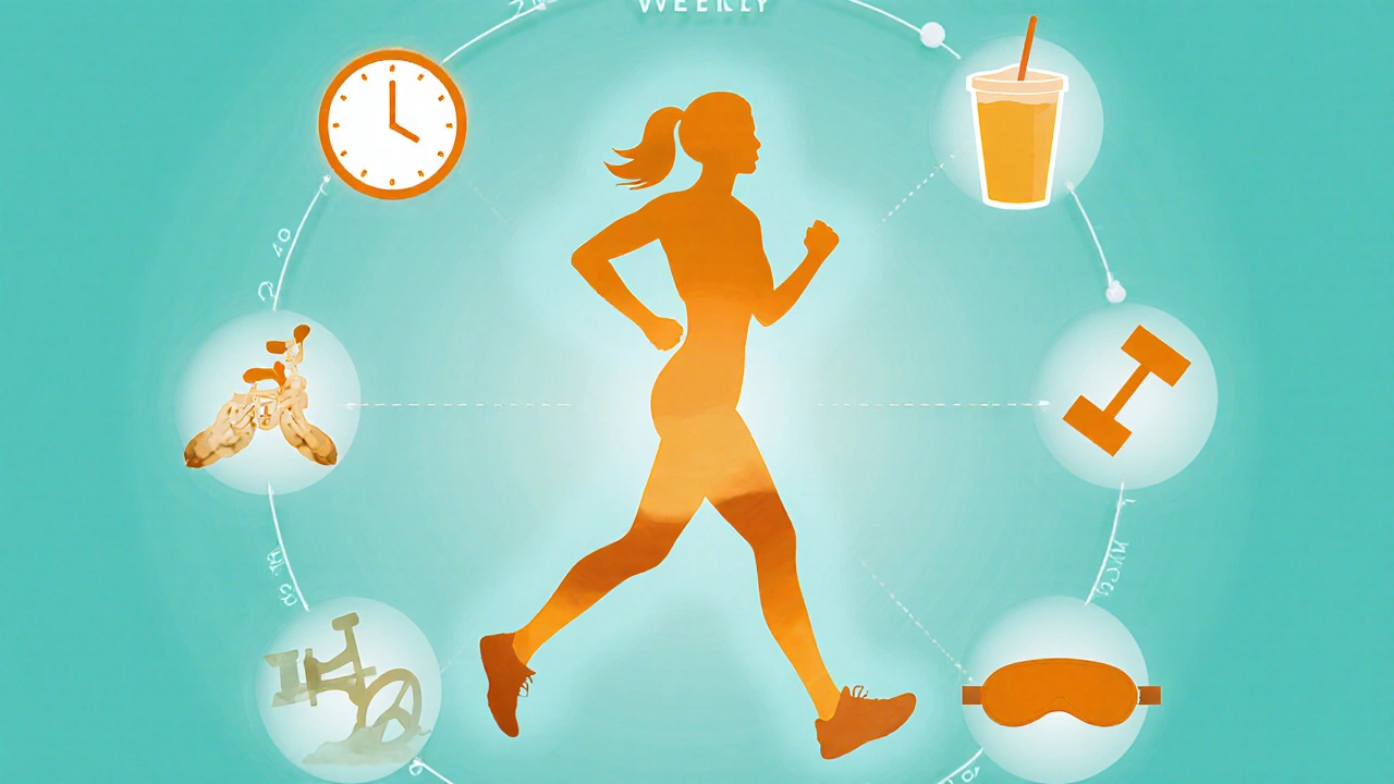 Stylized collage of Kelly&#039;s weight‑loss pillars surrounding her silhouette.