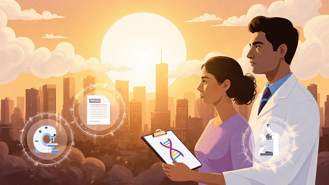 Sunrise scene with doctor and patient, symbolizing hopeful cancer care.