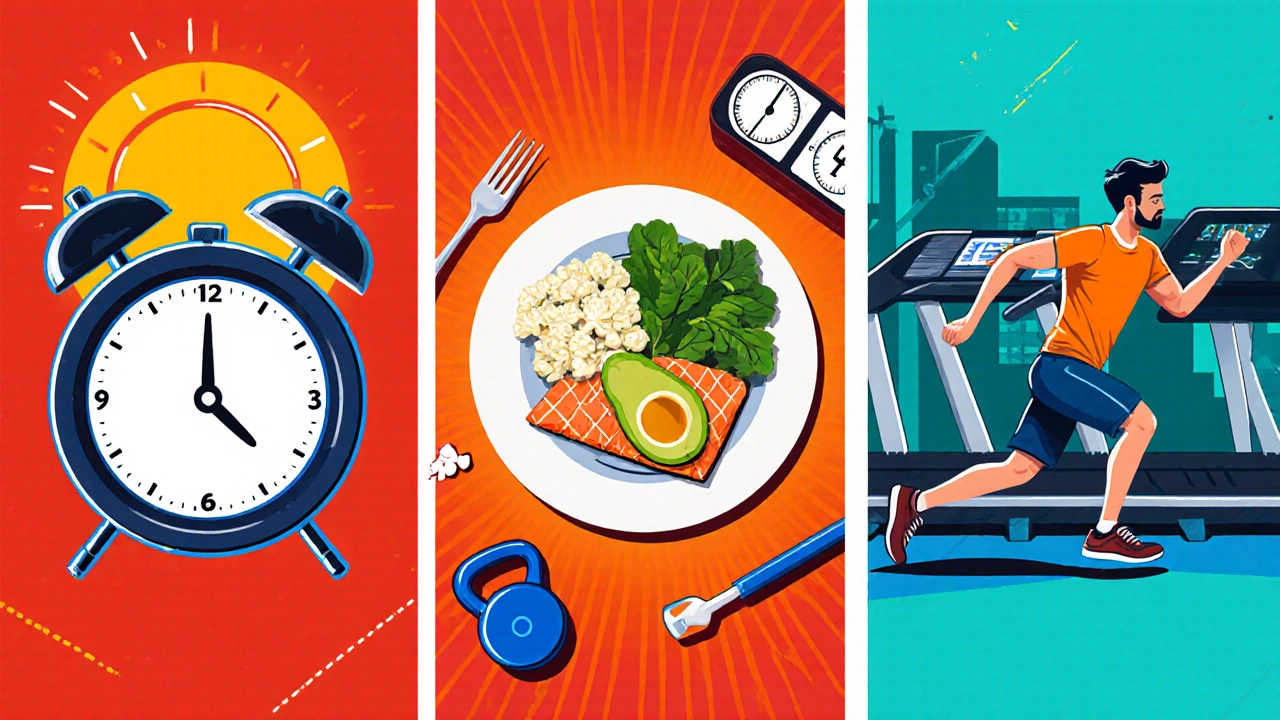 Three panels showing fasting clock, keto meal, and HIIT workout illustration.