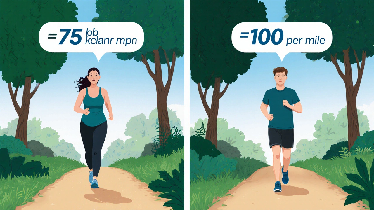 Two walkers of different weights on a trail with floating calorie‑per‑mile labels.