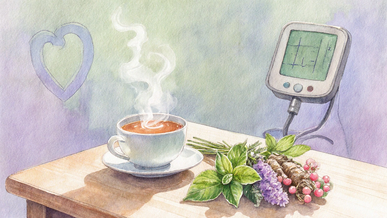 Watercolor of tea cup with rhodiola, holy basil, and hawthorn berries in a calm setting.