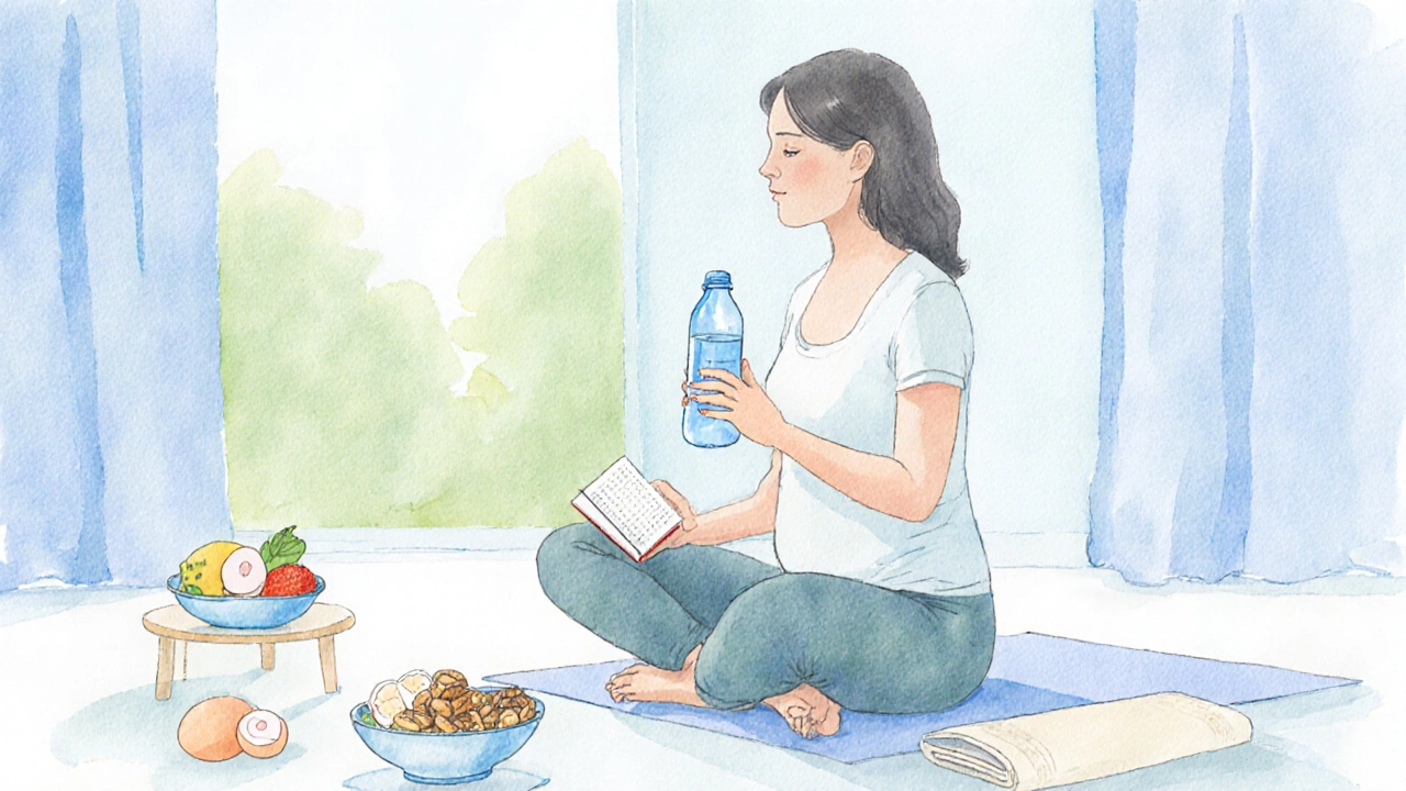 Woman doing prenatal yoga, drinking water and writing in a diary, surrounded by healthy foods.