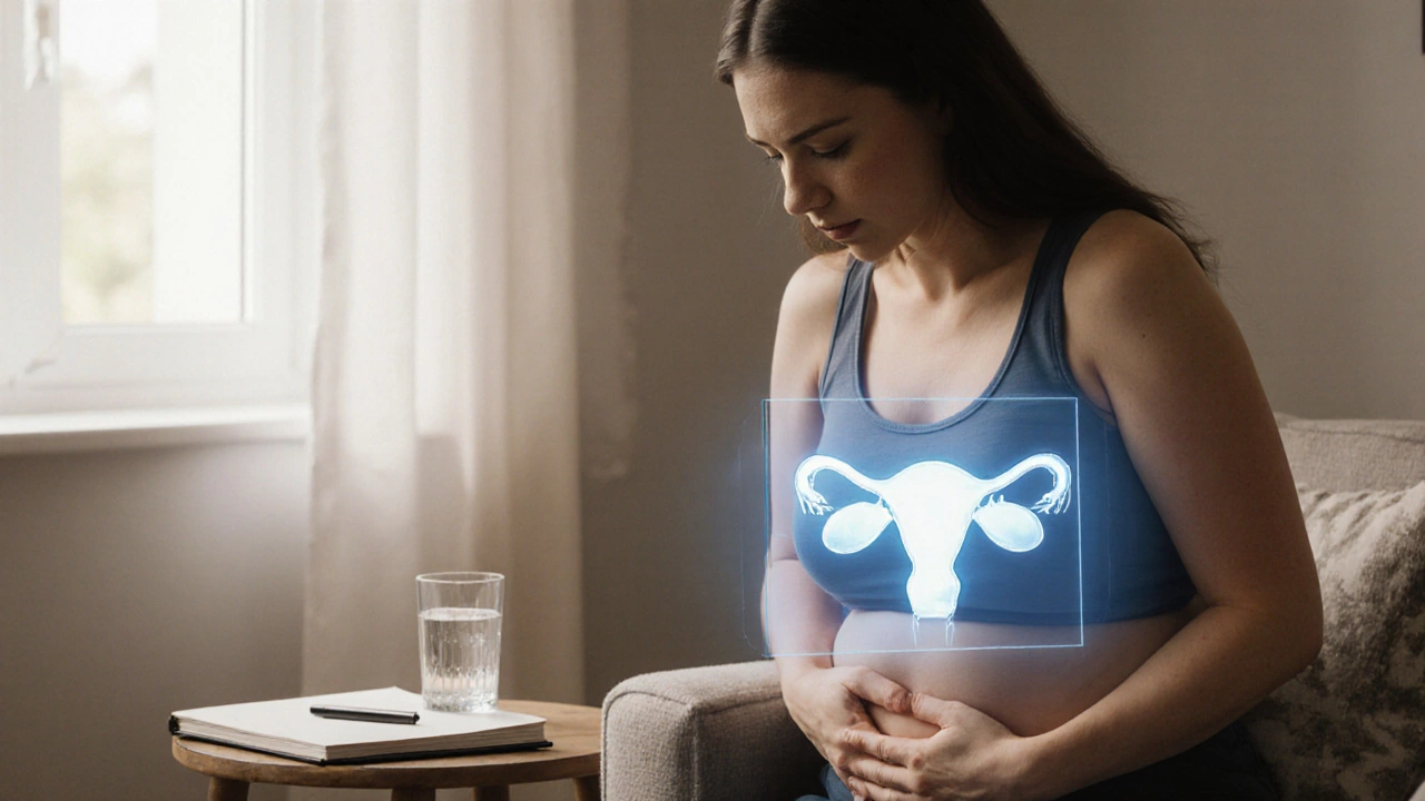 Woman holding her abdomen, showing bloating and OHSS signs in a home setting.