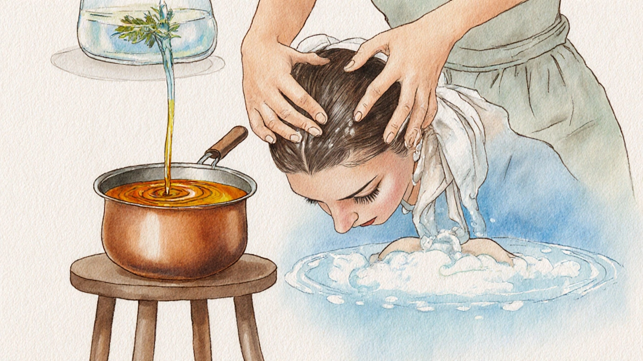 Woman massaging warm oil into her scalp while a herbal rinse is poured over her hair.
