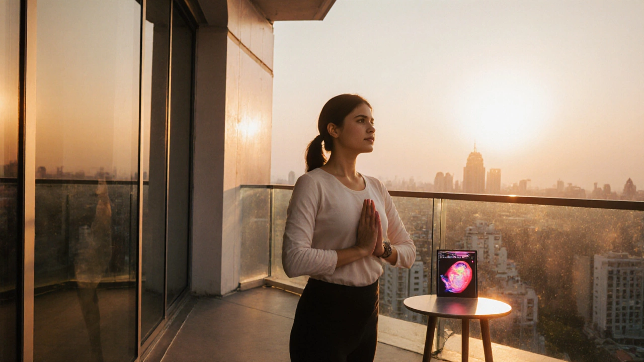 Woman practicing yoga at sunrise with an embryo ultrasound photo, clinic visible in background.