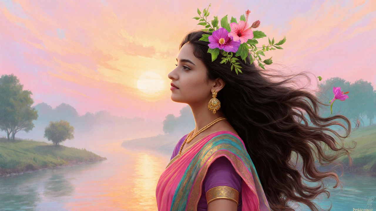 Woman with glossy, flowing hair surrounded by subtle herb silhouettes at sunrise.