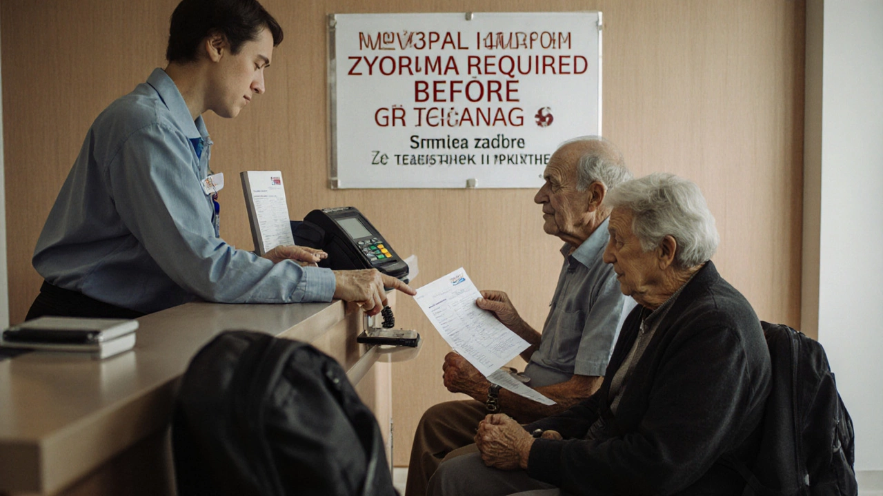 A couple at a Prague hospital desk reviewing a large medical bill with a credit card machine nearby.