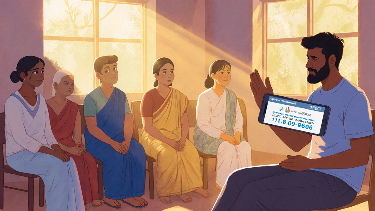 A group of people in a sunlit community center, connecting through quiet support and therapy.