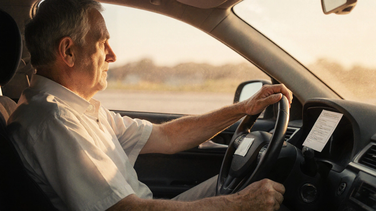 A patient gently turning their body in a driver&#039;s seat, testing mobility before returning to driving after heart surgery.