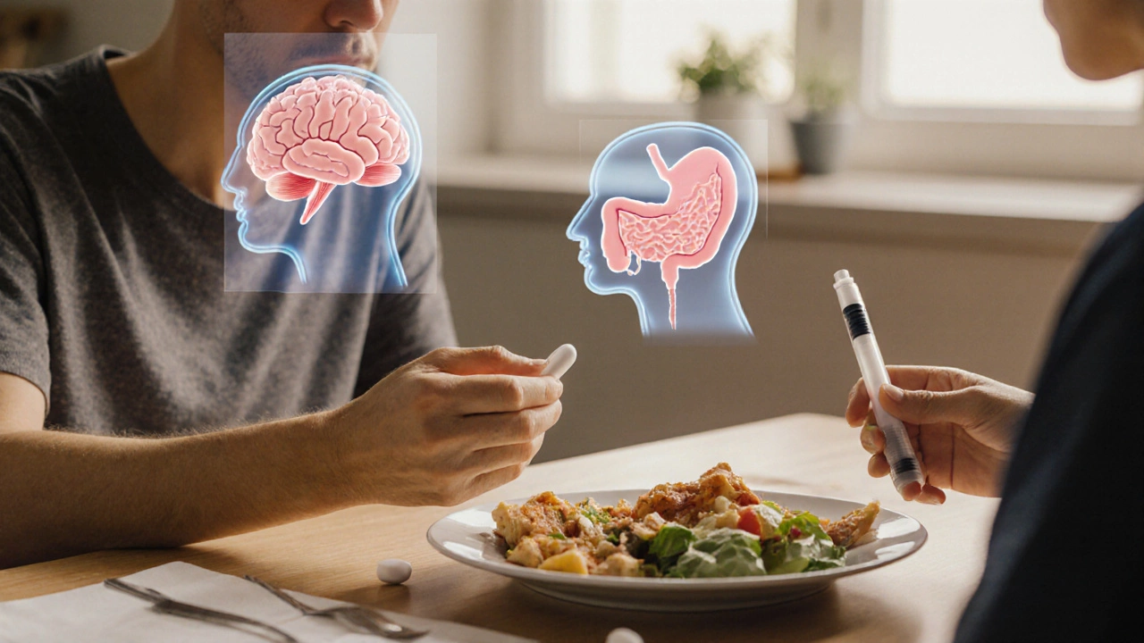 A patient holding both metformin and Ozempic with visual overlays showing brain and stomach signals for appetite control.