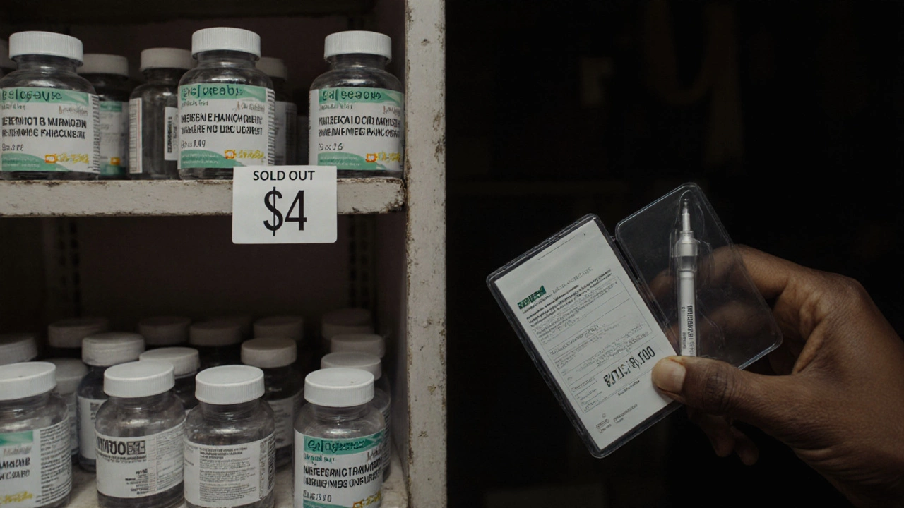 A pharmacy shelf showing bulk metformin bottles beside a single expensive Ozempic pen with a &#039;sold out&#039; sticker.