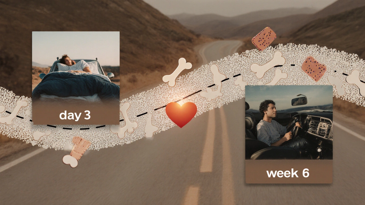 A visual timeline showing recovery stages from bed rest to driving, symbolizing healing after open-heart surgery.